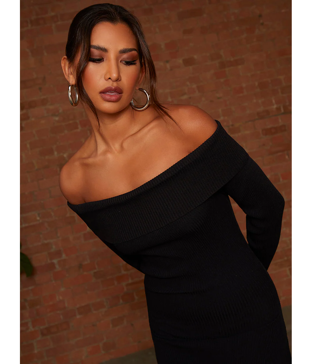 Chi Chi London Bardot Split Detail Midi Jumper Dress in Black - Image 2
