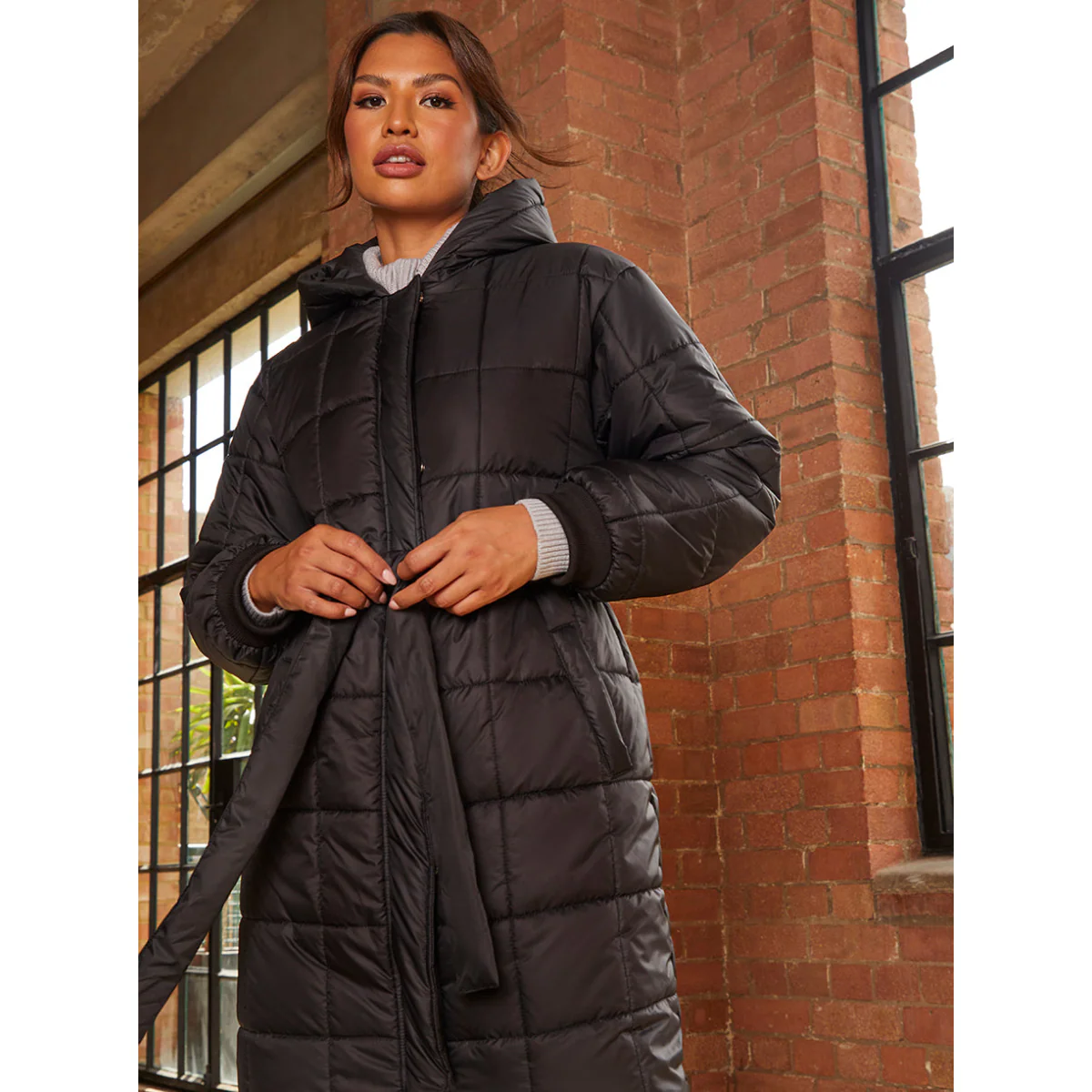 Chi Chi London Check Padded Longline Belted Coat in Black - Image 3