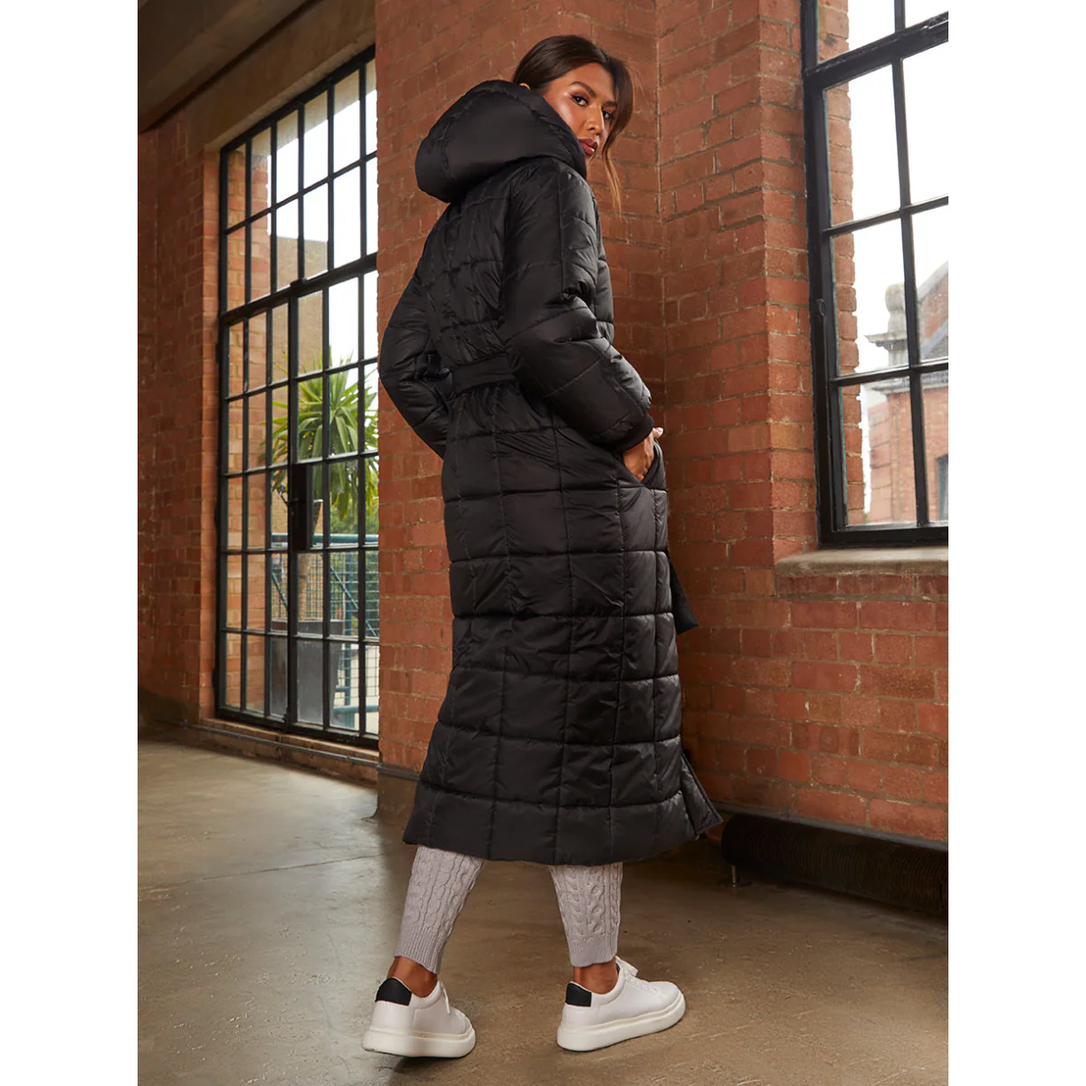 Chi Chi London Check Padded Longline Belted Coat in Black - Image 4
