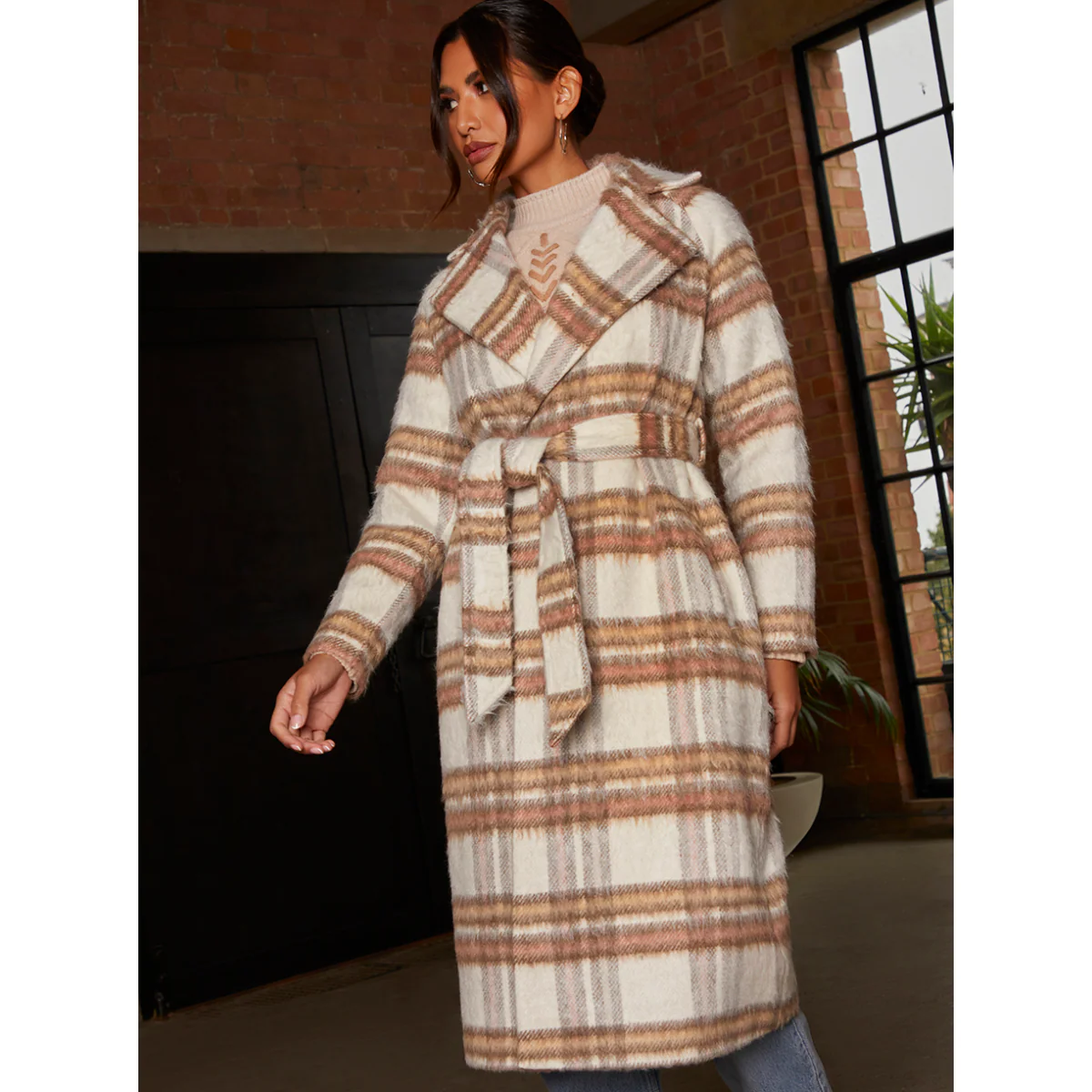 Chi Chi London Check Wrap Tie Waist Coat in Cream - Image 4