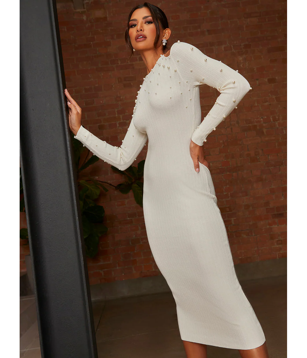 Chi Chi London Cold Shoulder Pearl Detail Rib Midi Dress in Cream - Image 3