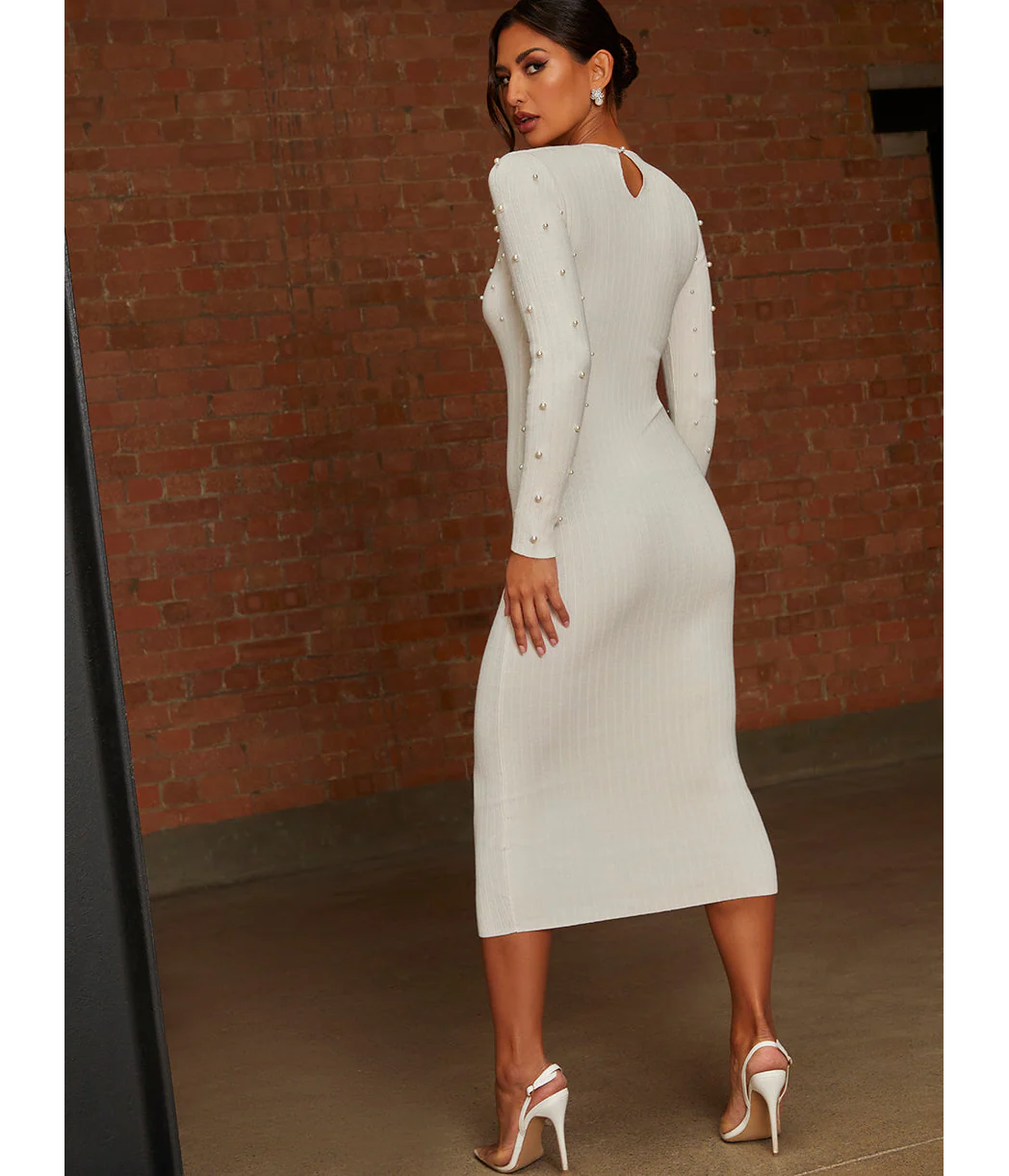Chi Chi London Cold Shoulder Pearl Detail Rib Midi Dress in Cream - Image 4