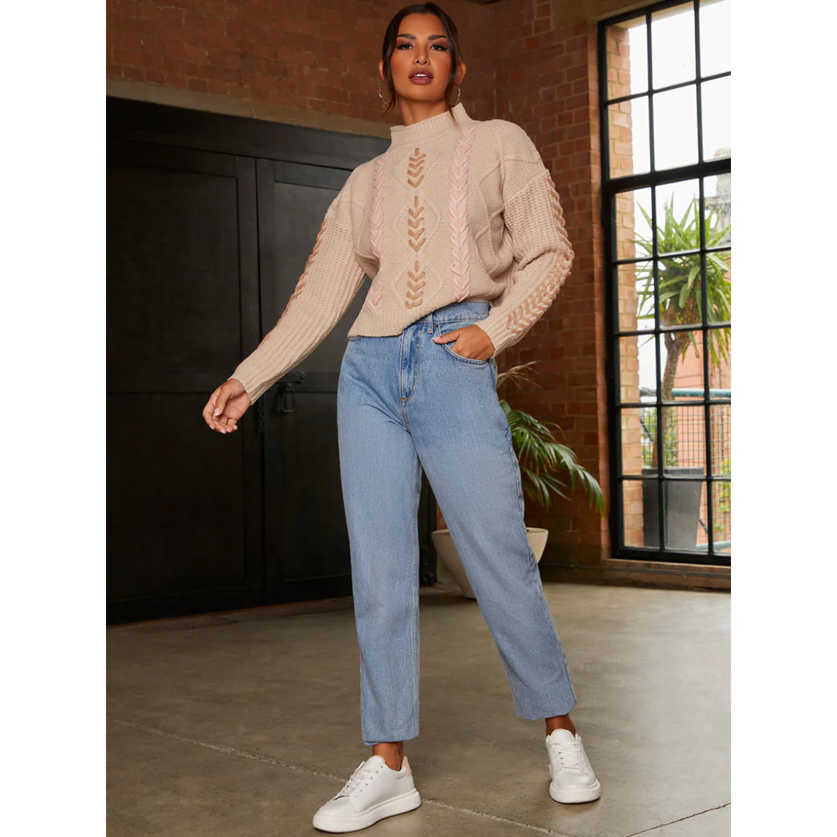 Chi Chi London Contrast Cable Detail Jumper in Cream - Image 3