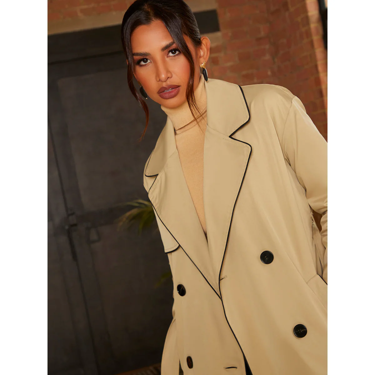 Chi Chi London Contrast Trim Belted Trench Coat in Camel - Image 2