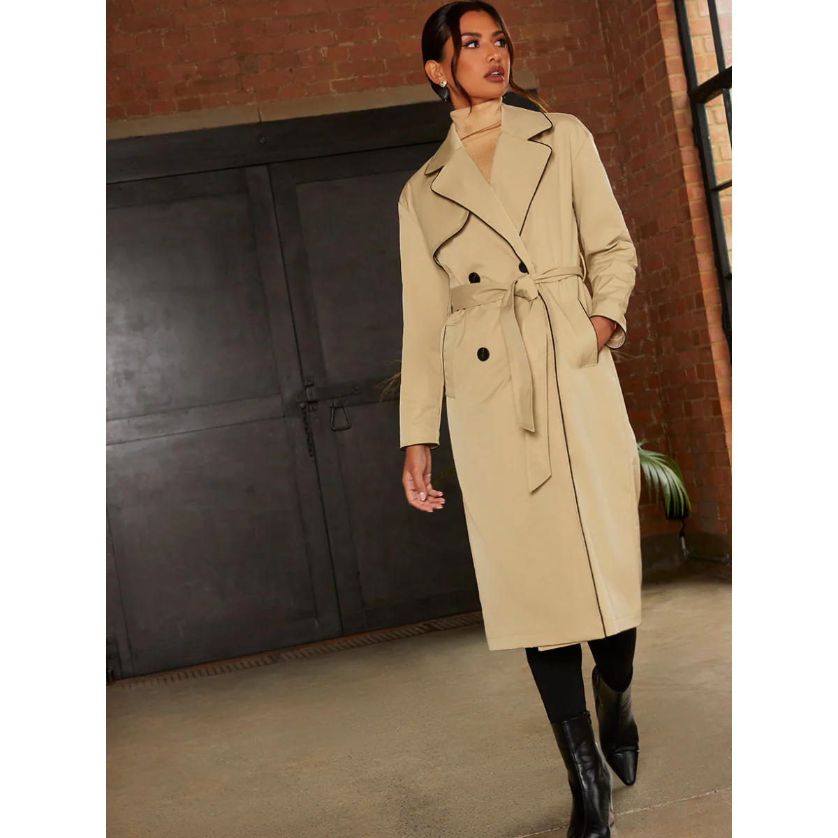 Chi Chi London Contrast Trim Belted Trench Coat in Camel - Image 3