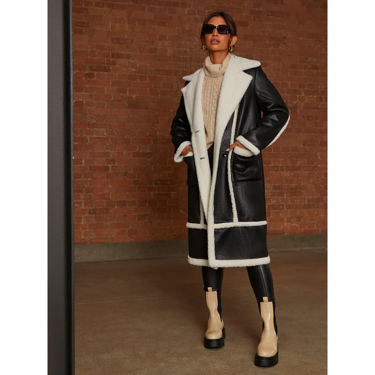 Chi Chi London Contrast Trim Borg Coat in Black - Image 3