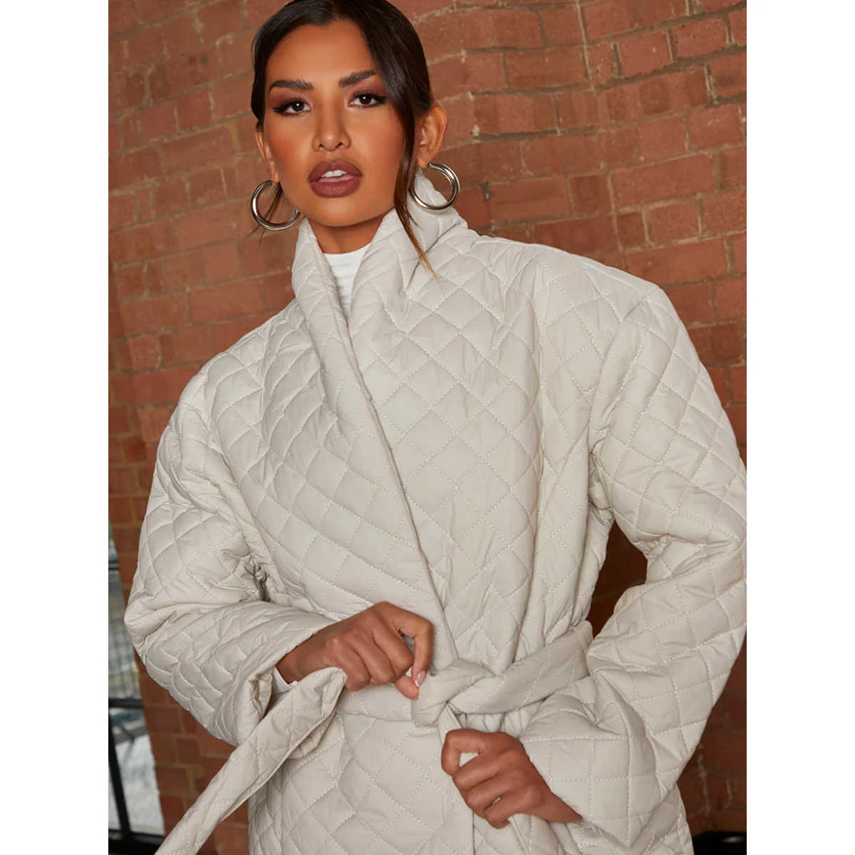 Chi Chi London Diamond Quilted Longline Belted Coat in Cream - Image 3