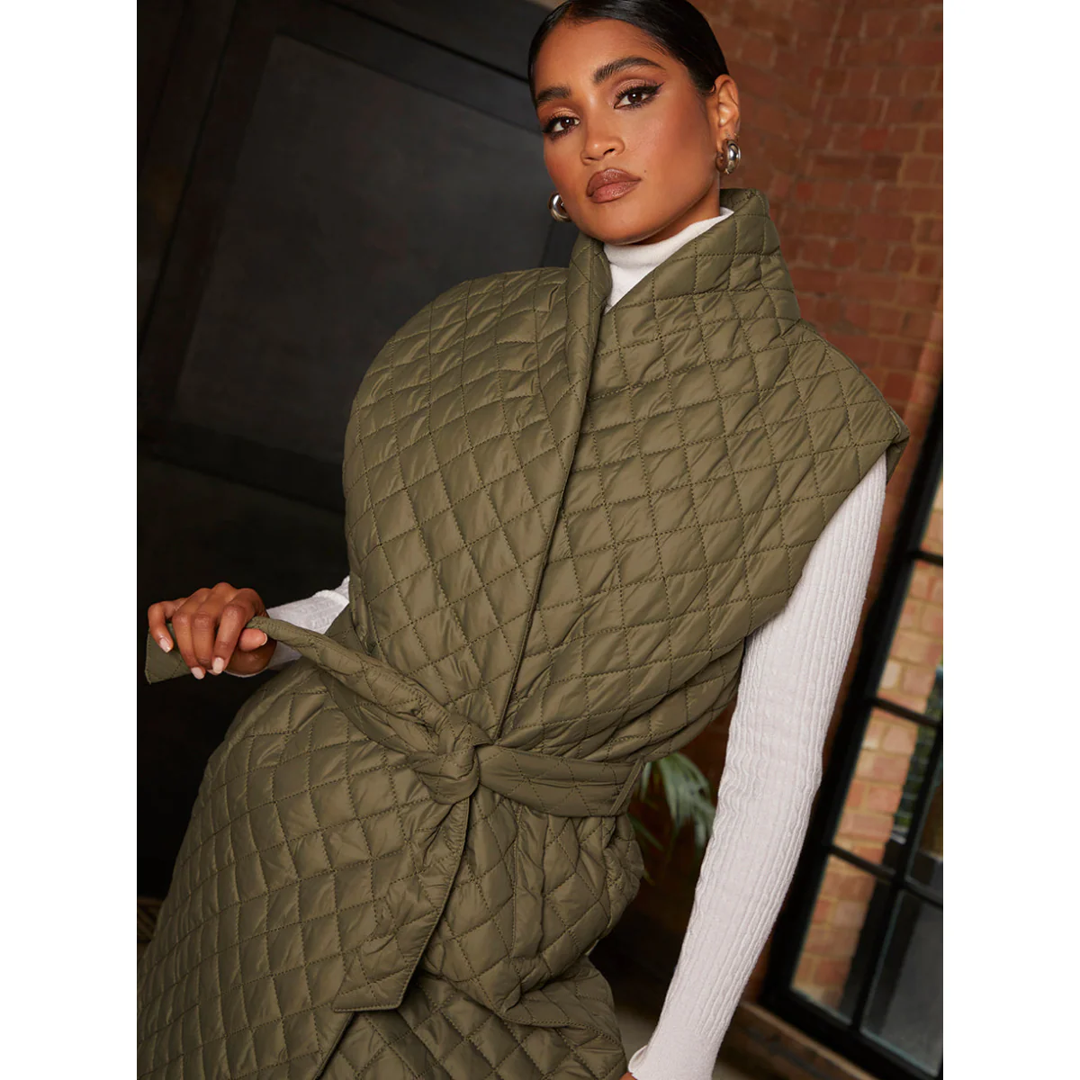 Chi Chi London Diamond Quilted Longline Belted Gilet in Khaki - Image 3