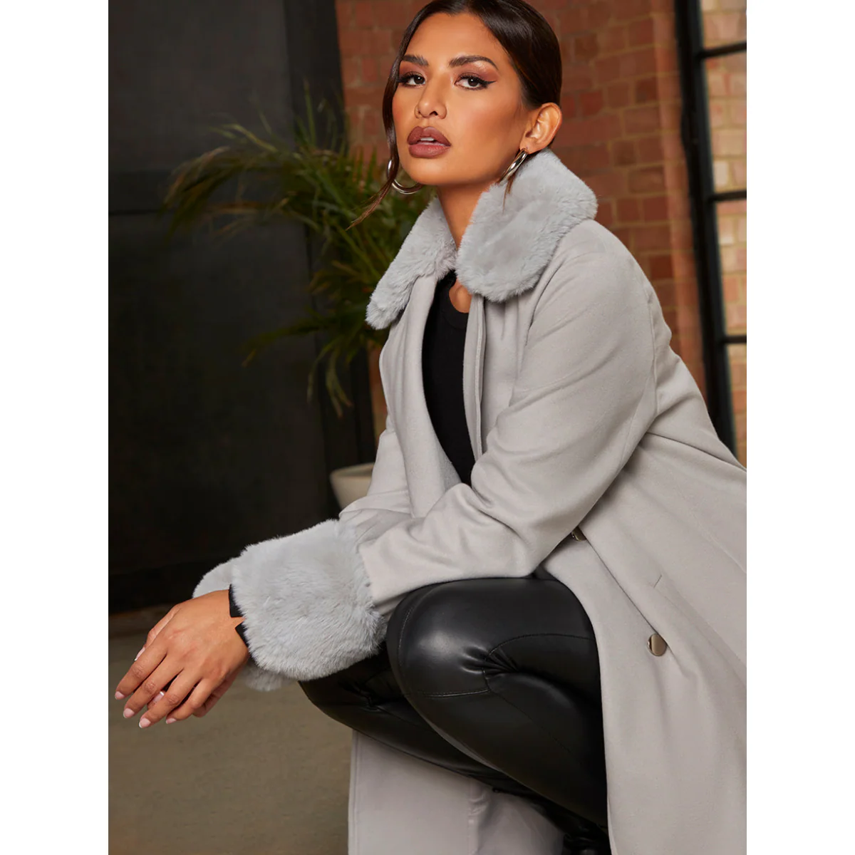 Chi Chi London Double Breasted Faux Fur Trim Coat in Grey - Image 3