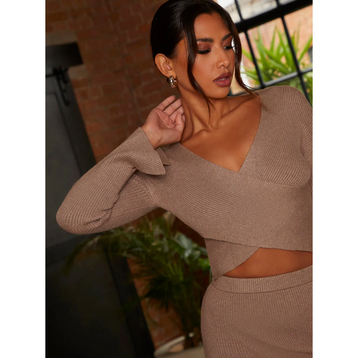 Chi Chi London Flute Sleeve Wrap Detail Rib Knit Top in Mocha - Image 2