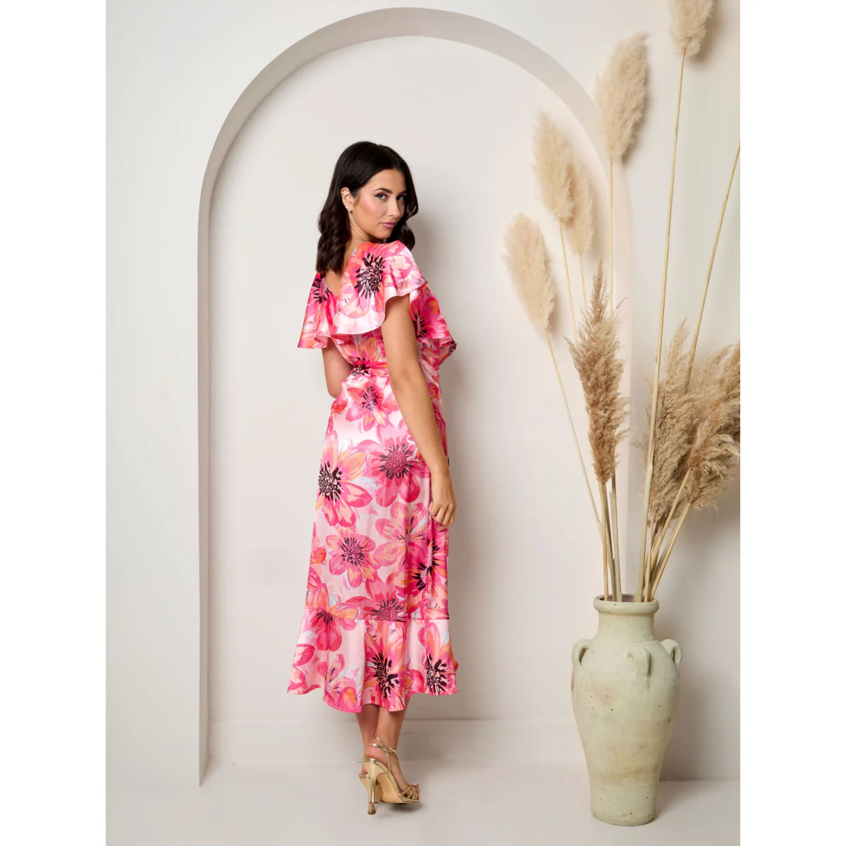 Chi Chi London Flutter Sleeve Satin Wrap Dress in Pink - Image 3