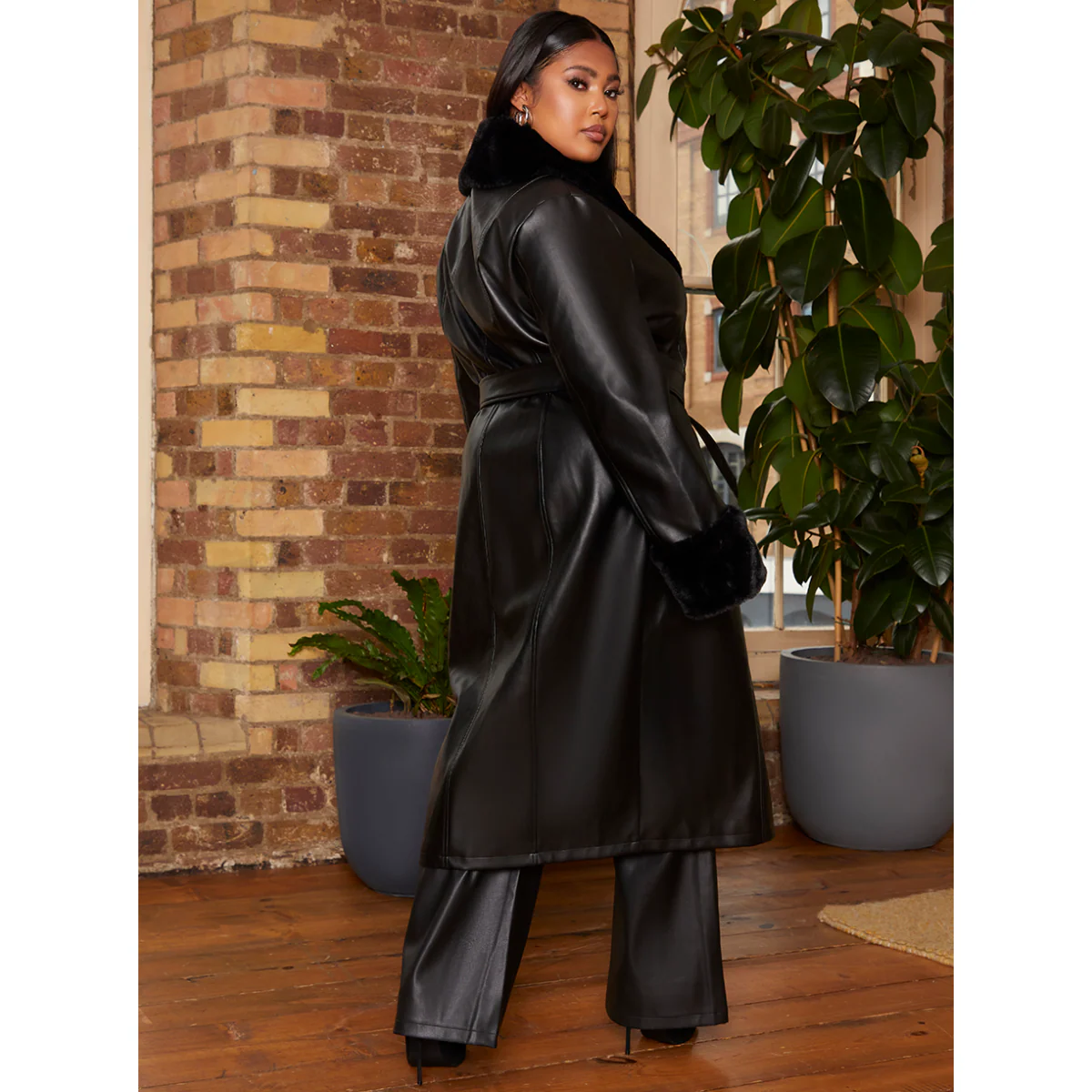 Chi Chi London Plus Size Faux Leather Longline Coat with Faux Fur Trim in Black - Image 3
