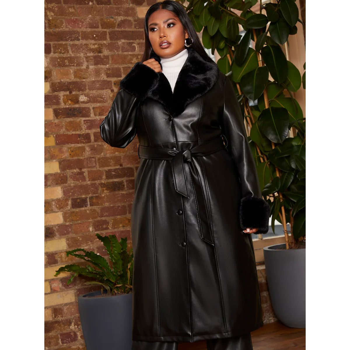 Chi Chi London Plus Size Faux Leather Longline Coat with Faux Fur Trim in Black - Image 4