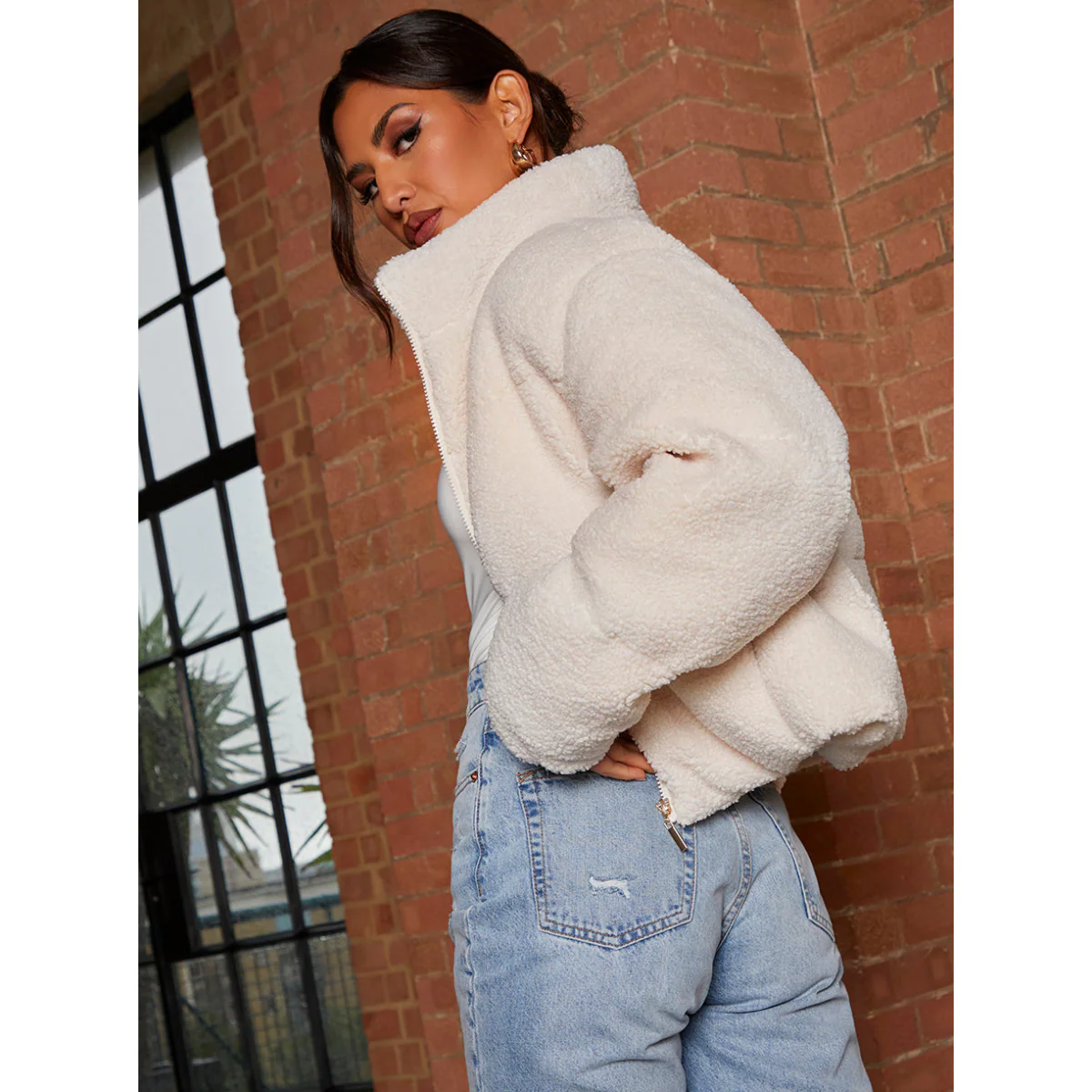 Chi Chi London Short Padded Borg Coat in Cream - Image 4
