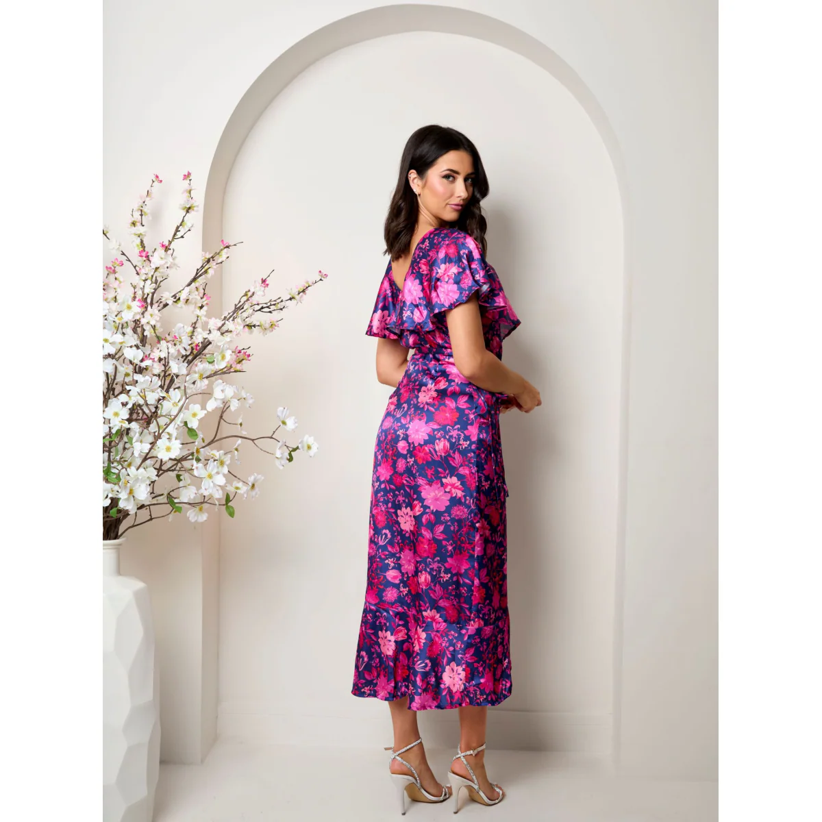 Chi Chi London V Neck Floral Wrap Midi Dress in Multi - Image 3