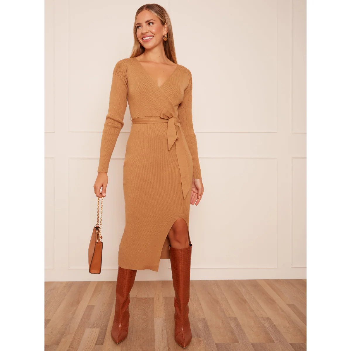 Chi Chi London Wrap Split Side Knitted Midi Dress in Camel - Image 2