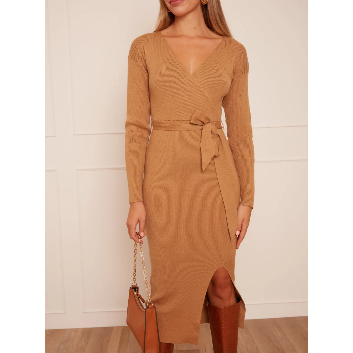 Chi Chi London Wrap Split Side Knitted Midi Dress in Camel - Image 4