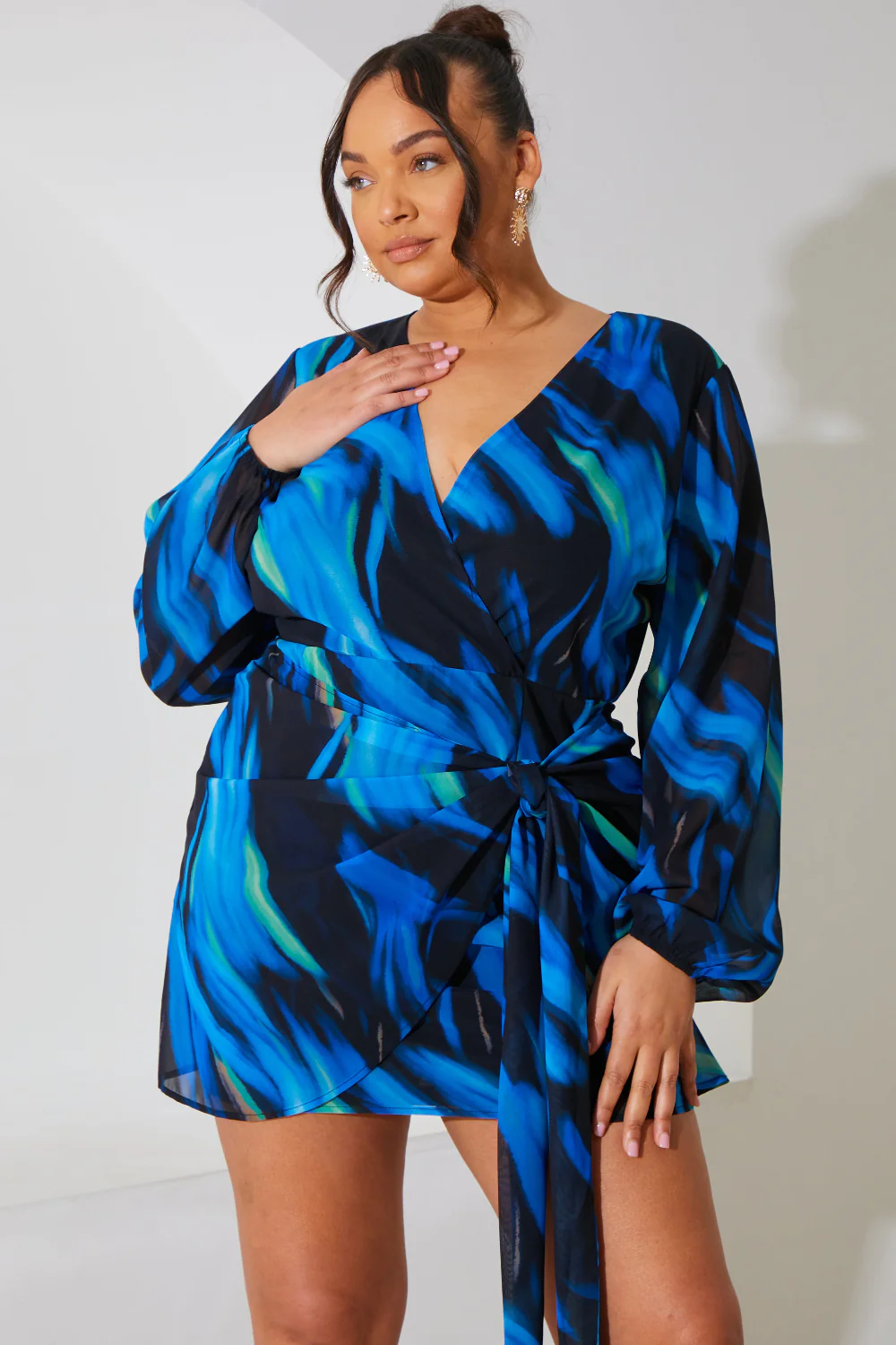 Chiffon Abstract Drape Wrap Mini Dress - Image 6