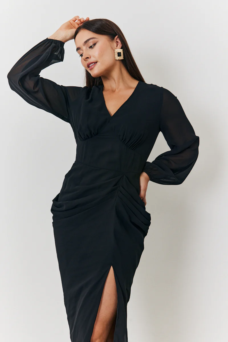 Chiffon Long Sleeve Slit Detail Midi Dress - Image 2