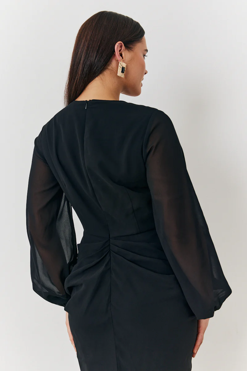 Chiffon Long Sleeve Slit Detail Midi Dress - Image 3