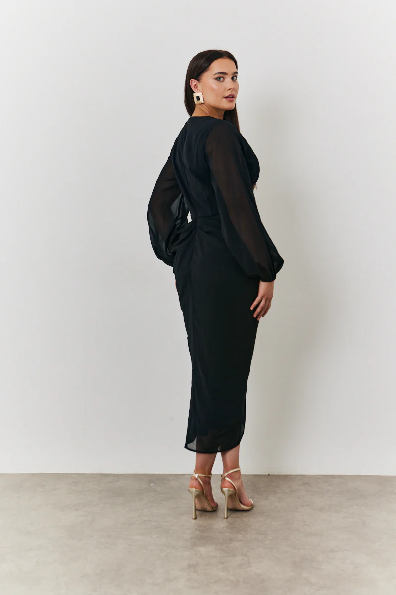 Chiffon Long Sleeve Slit Detail Midi Dress - Image 4