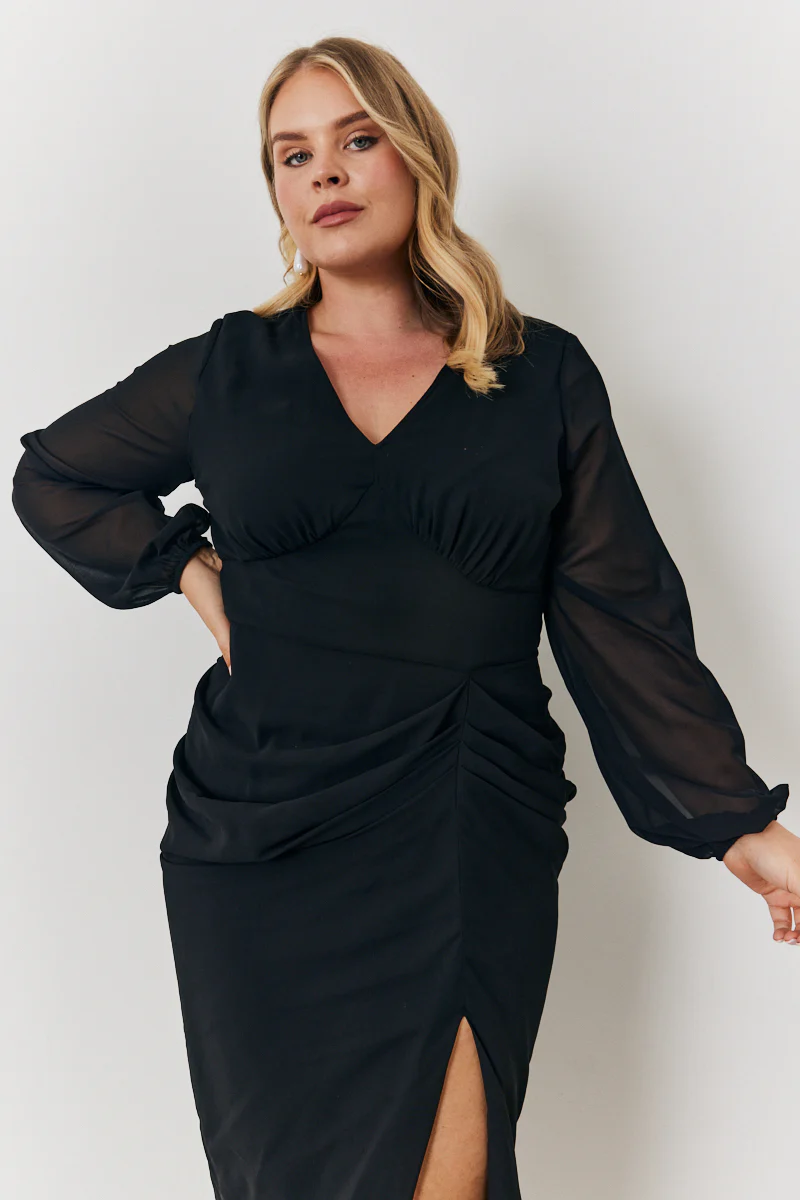 Chiffon Long Sleeve Slit Detail Midi Dress - Image 6