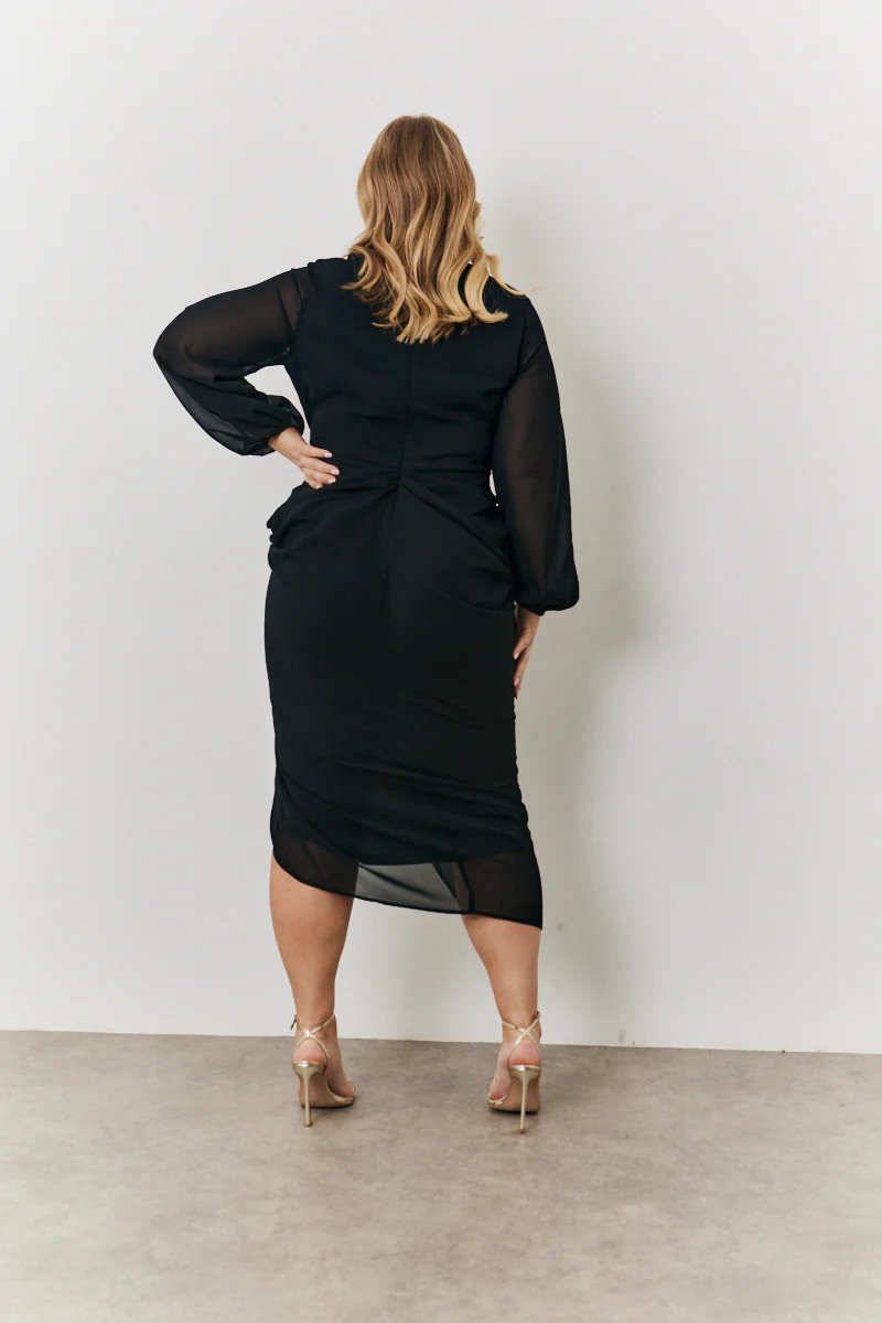 Chiffon Long Sleeve Slit Detail Midi Dress - Image 8