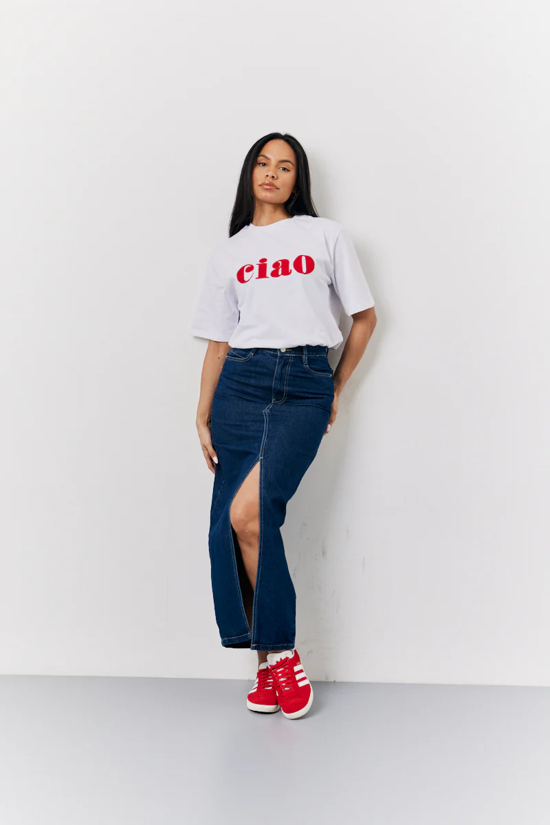 White Embroidered Ciao Slogan T-Shirt - Image 2
