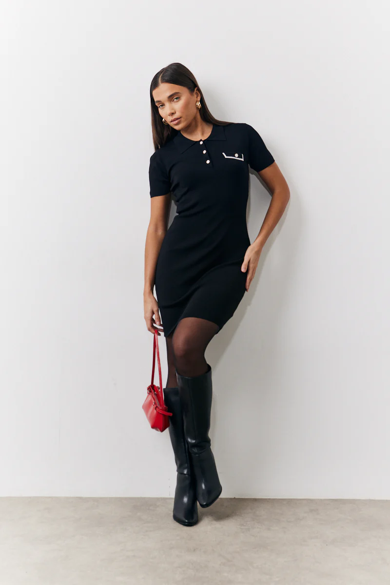 Contrast Piping Pocket Detail Mini Knit Dress - Image 2