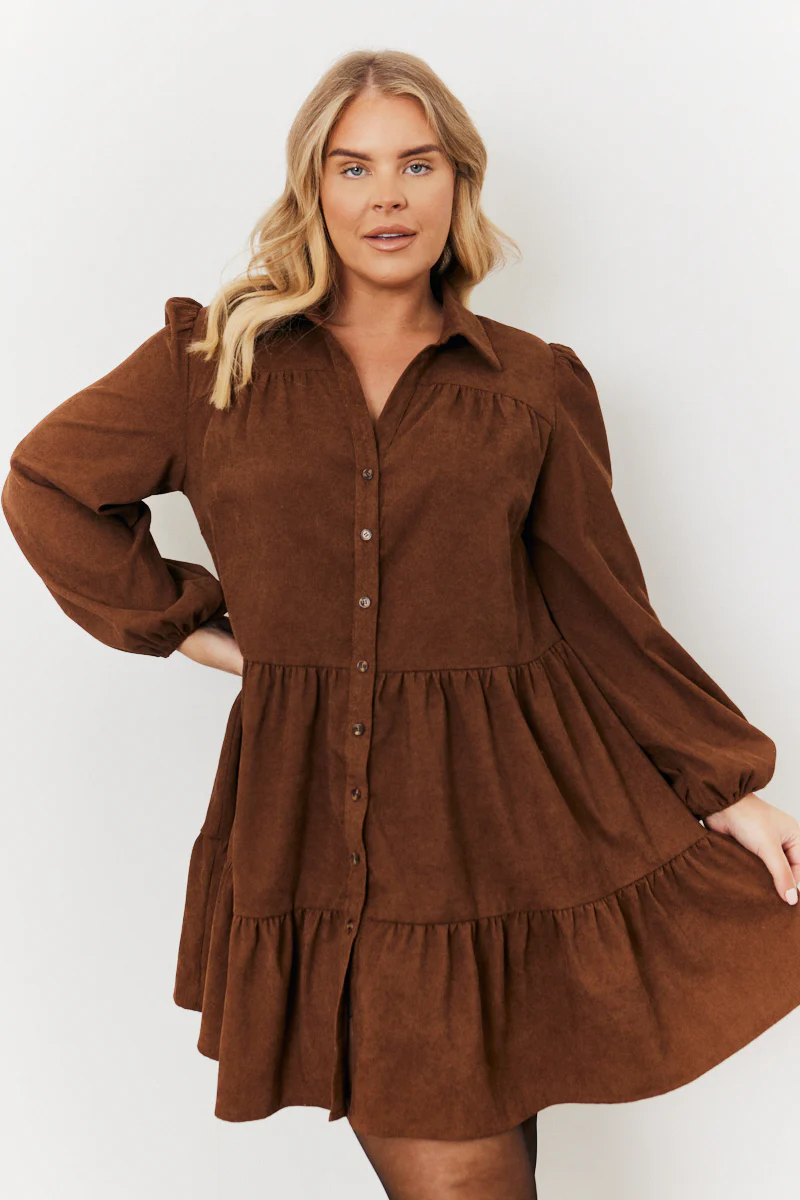 Corduroy Balloon Sleeve Button up Tiered Smock Dress