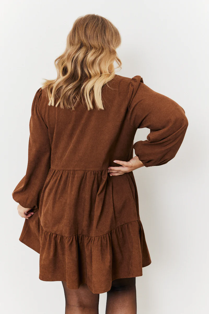Corduroy Balloon Sleeve Button up Tiered Smock Dress - Image 3