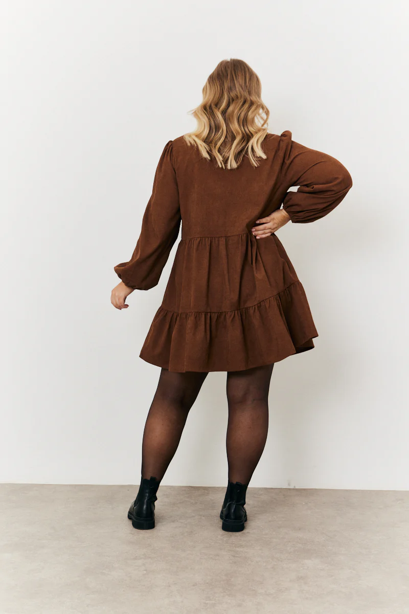 Corduroy Balloon Sleeve Button up Tiered Smock Dress - Image 4