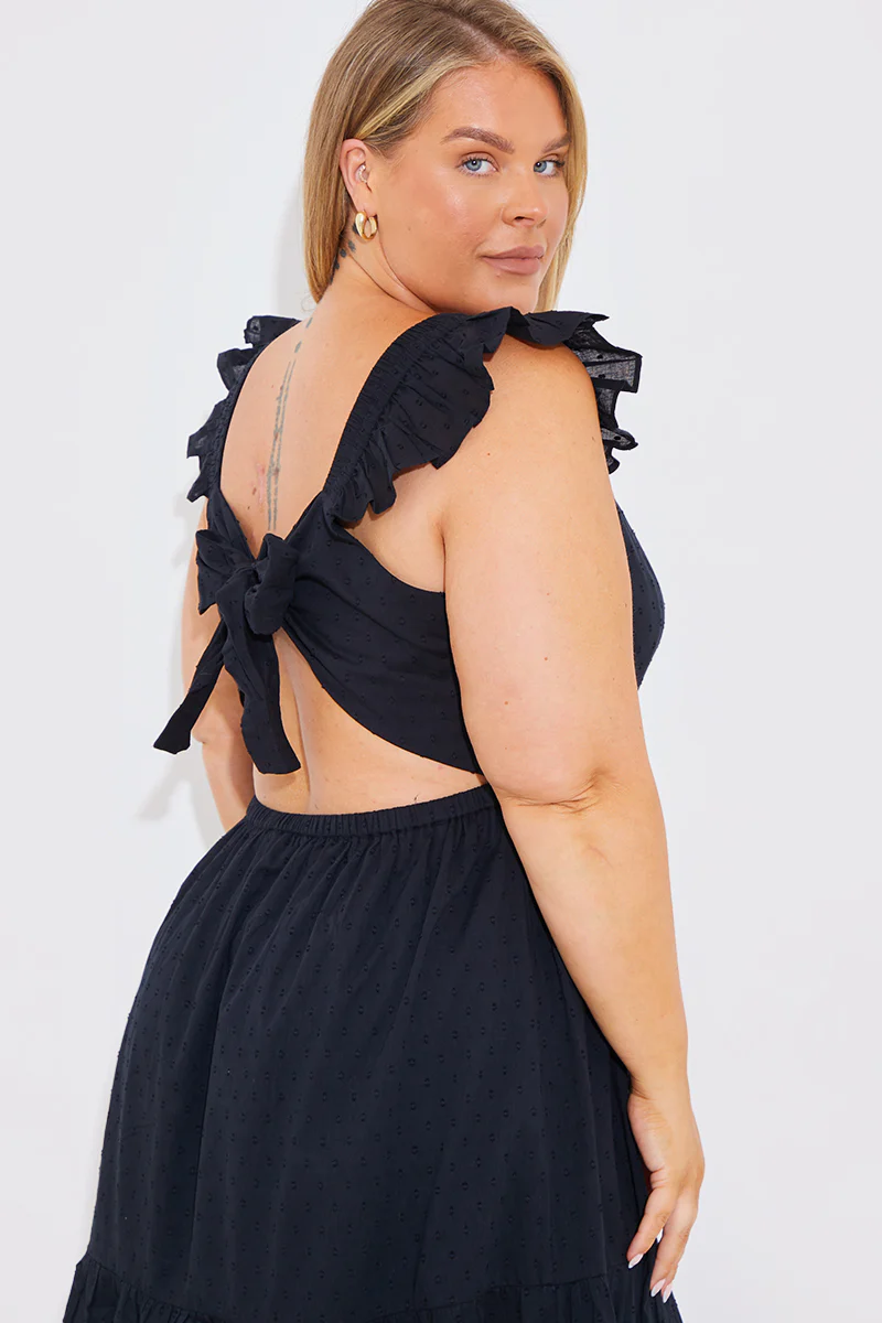 Dobby Frill Strap Tie Back Detail Tiered Midi Dress - Image 5