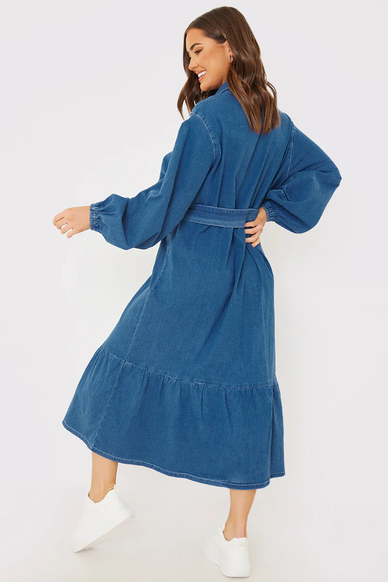 Denim Belted Tiered Midaxi Shirt Dress - Image 3