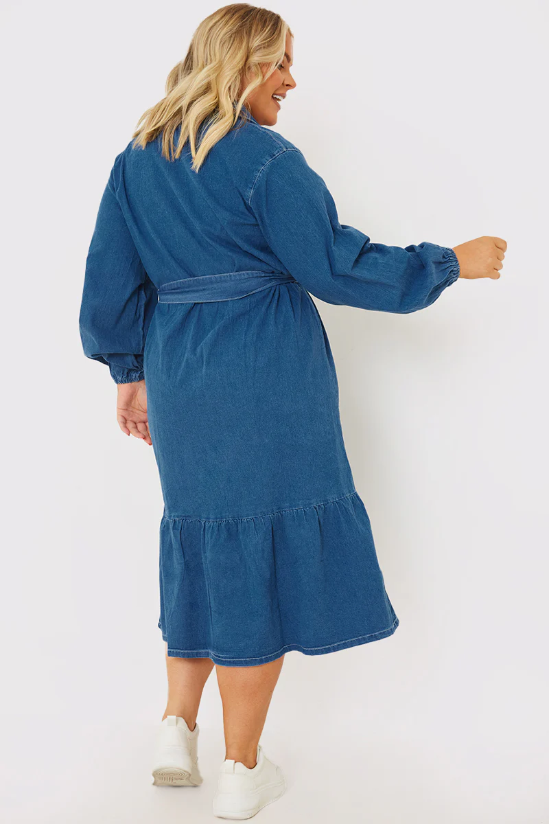 Denim Belted Tiered Midaxi Shirt Dress - Image 5