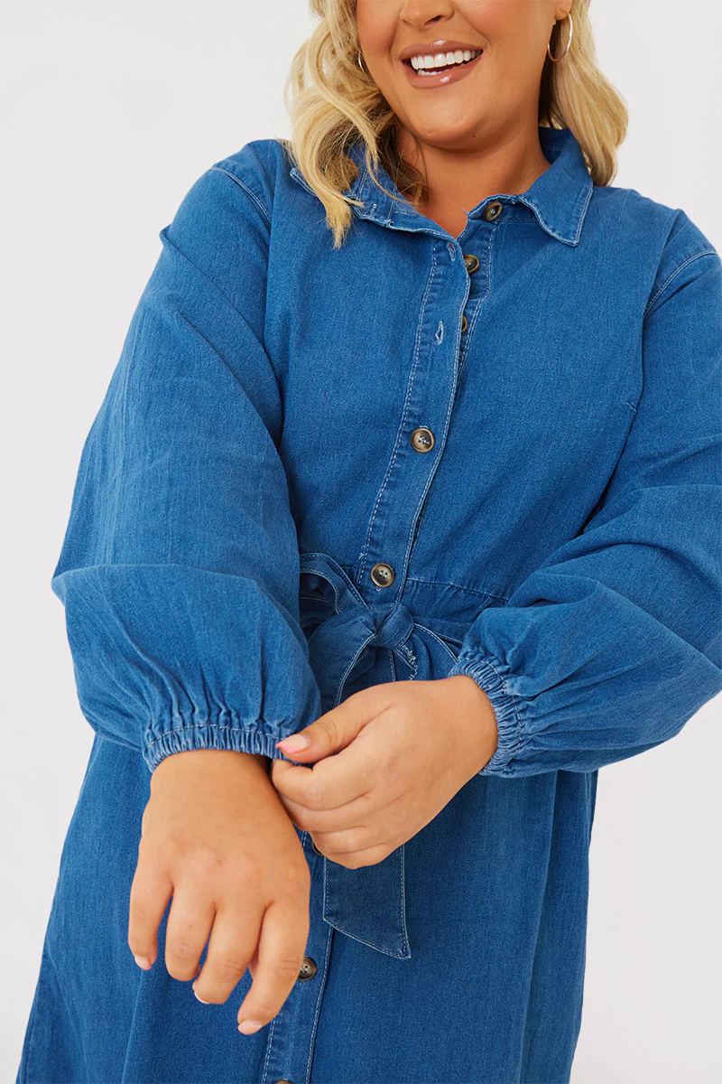 Denim Belted Tiered Midaxi Shirt Dress - Image 7