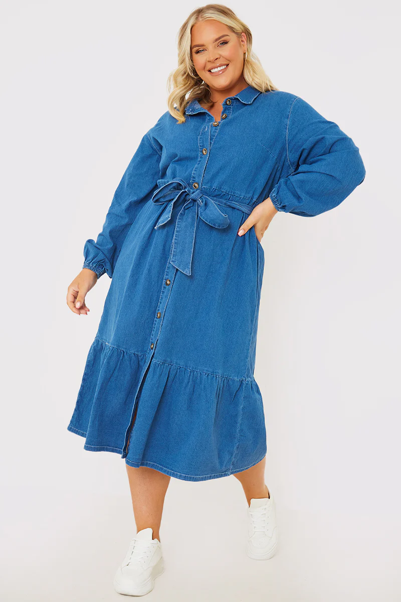 Denim Belted Tiered Midaxi Shirt Dress - Image 9