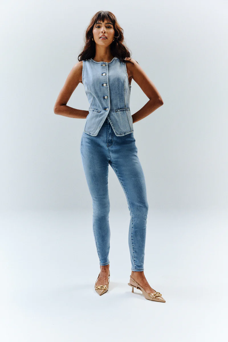 Denim Crew Neck Waistcoat - Image 2