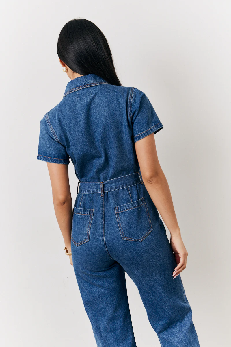 Blue Short Sleeve Denim Jumpsuit - Image 2