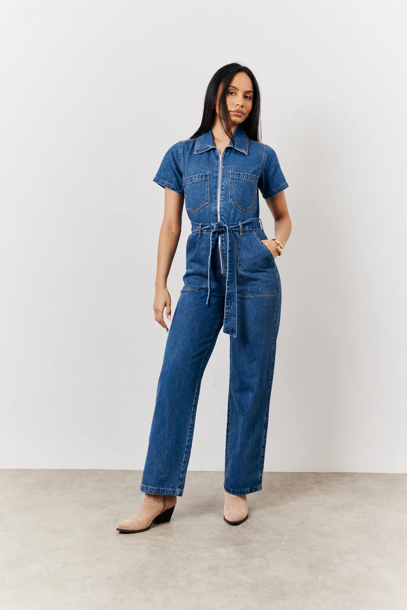 Blue Short Sleeve Denim Jumpsuit - Image 3