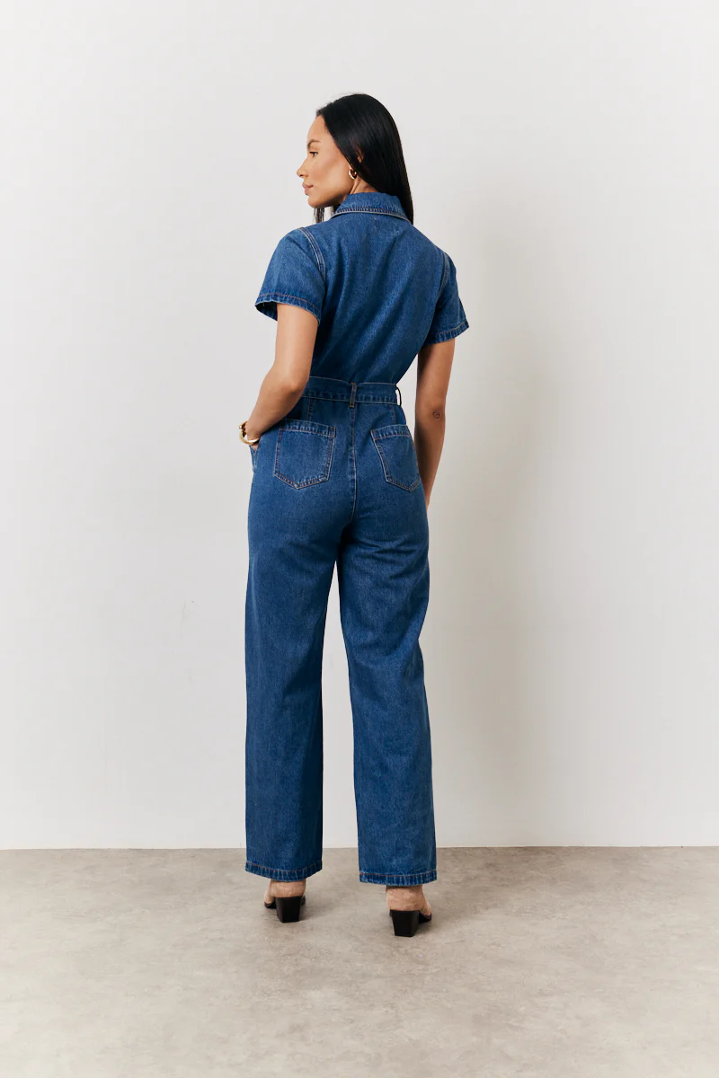 Blue Short Sleeve Denim Jumpsuit - Image 4