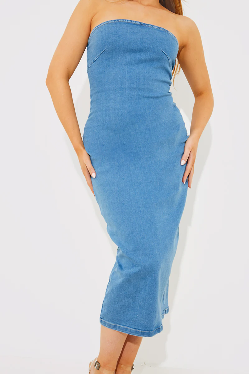 Denim Slim Fit Bandeau Midi Dress - Image 2