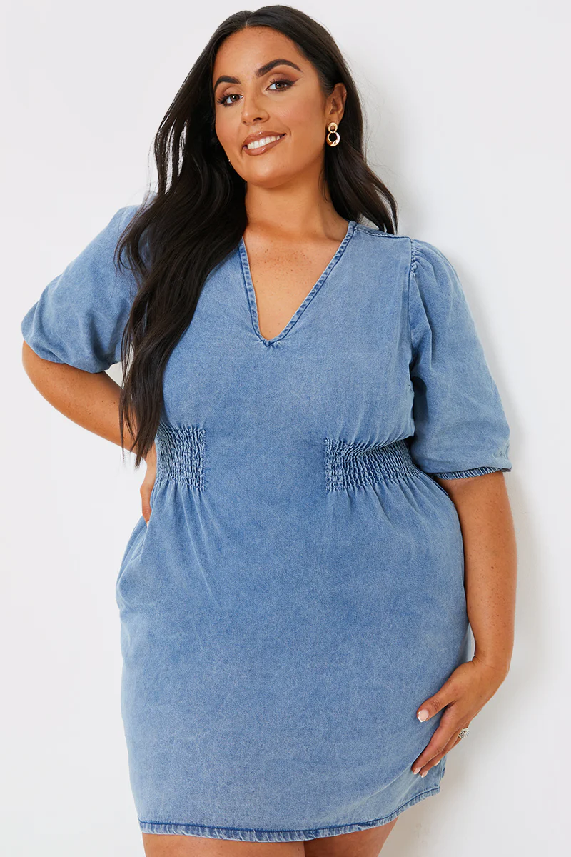 Denim V Neck Shirred Waist Tie Back Mini Dress - Image 12
