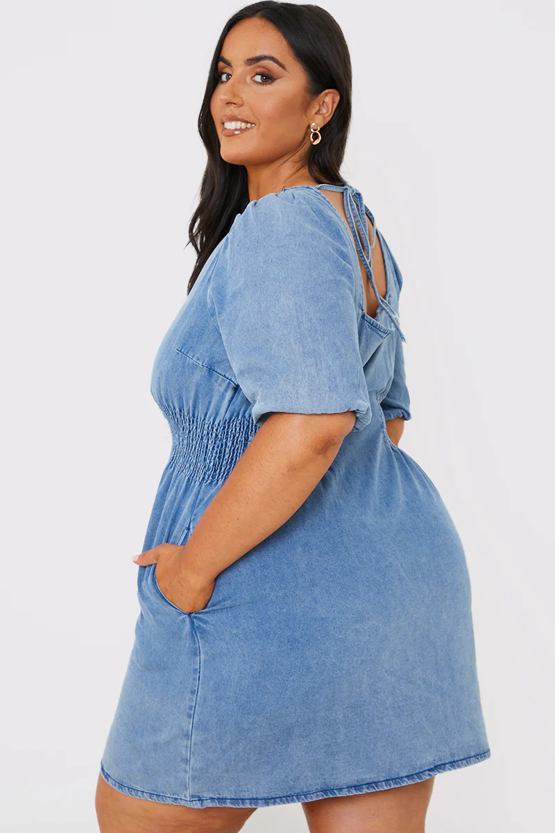 Denim V Neck Shirred Waist Tie Back Mini Dress - Image 6
