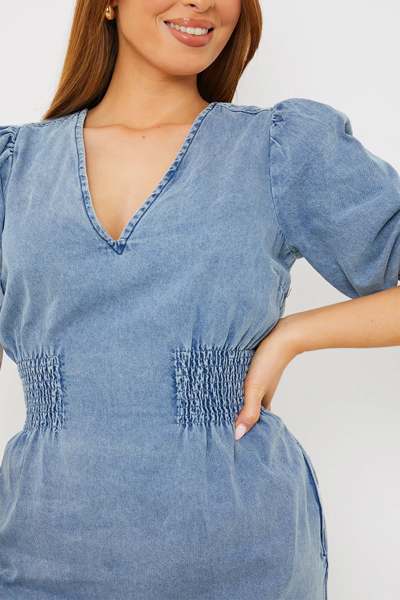 Denim V Neck Shirred Waist Tie Back Mini Dress - Image 9