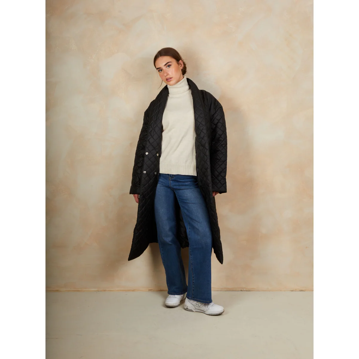 Diamond Quilted Longline Belted Coat in Black - Image 3