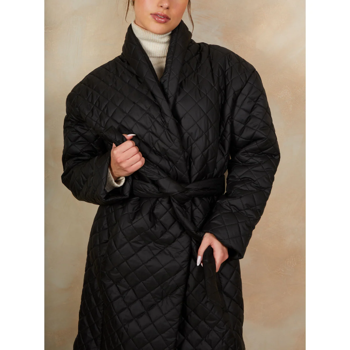 Diamond Quilted Longline Belted Coat in Black - Image 4
