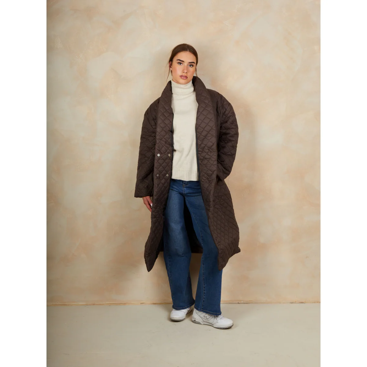 Diamond Quilted Longline Belted Coat in Chocolate - Image 2