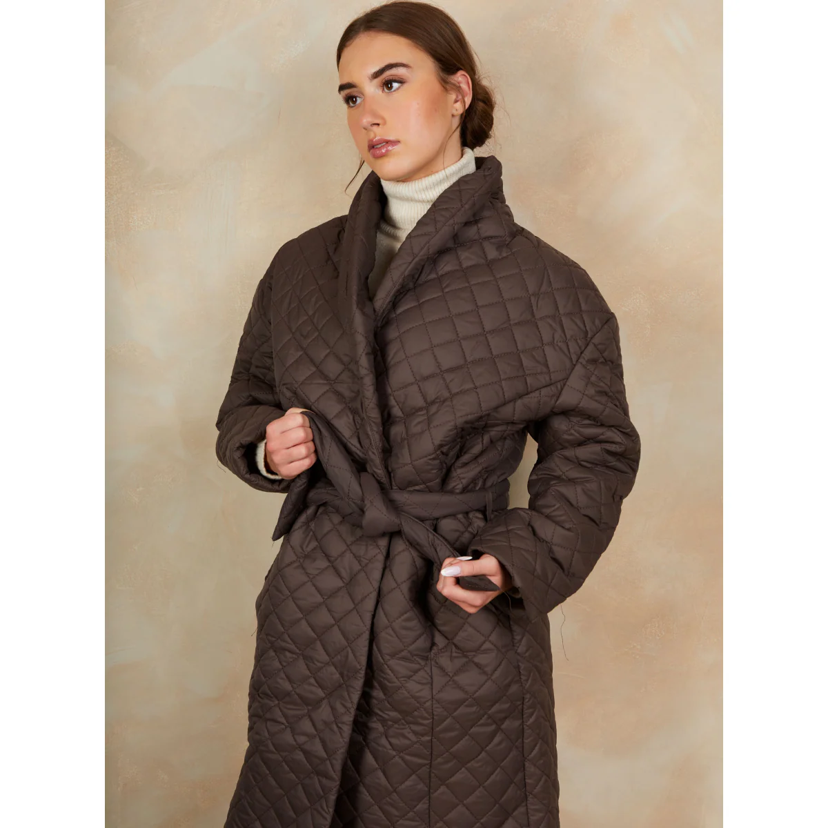 Diamond Quilted Longline Belted Coat in Chocolate - Image 3