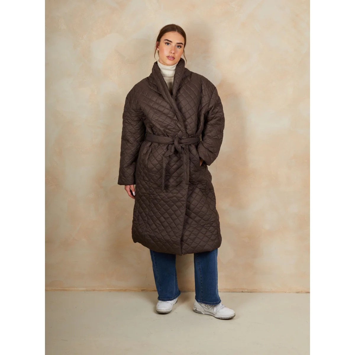 Diamond Quilted Longline Belted Coat in Chocolate - Image 4